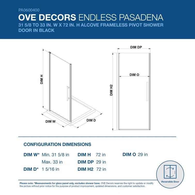 Endless Pasadena 32" W x 72" H Alcove Frameless Shower Kit