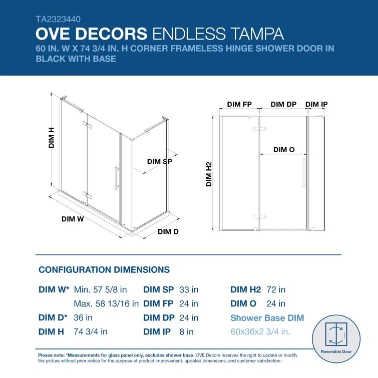 Endless Tampa 60" W x 72" H Corner Frameless Shower Kit, Door, 2 Panel, Base