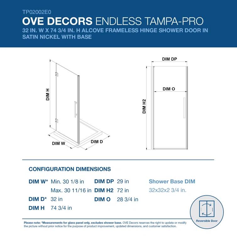 Ove Decors Endless Tampa-Pro 32" W x 72" H Alcove Frameless Shower Kit, Door, Base TP02002E0