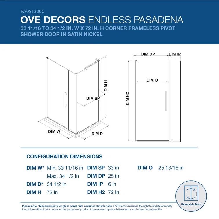 Ove Decors Endless Pasadena 34" W x 72" H Corner Frameless Shower Kit, Door, Panel PA0513300