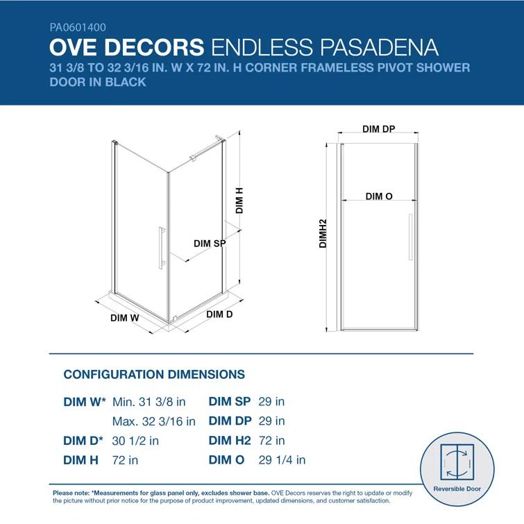 Endless Pasadena 32" W x 72" H Corner Frameless Shower Kit, Door, Panel