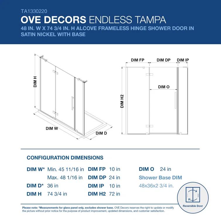 Ove Decors Endless Tampa 47" W x 72" H Alcove Frameless Shower Kit, Door, 2 Panel, Base TA1330420