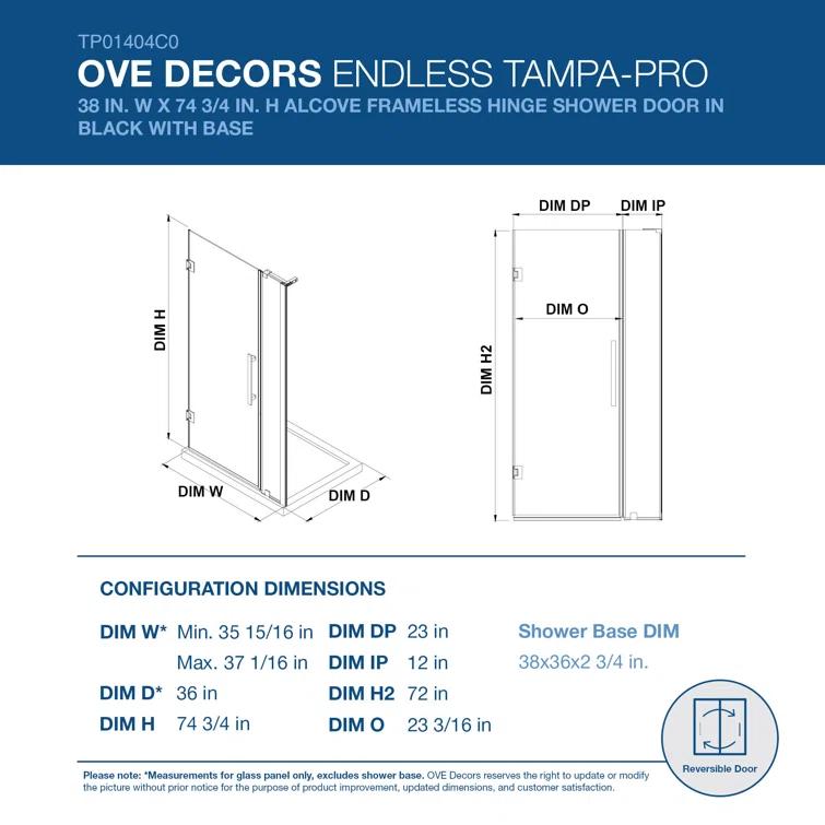 Endless Tampa-Pro 37" W x 72" H Alcove Frameless Shower Kit, Door, Panel, Base