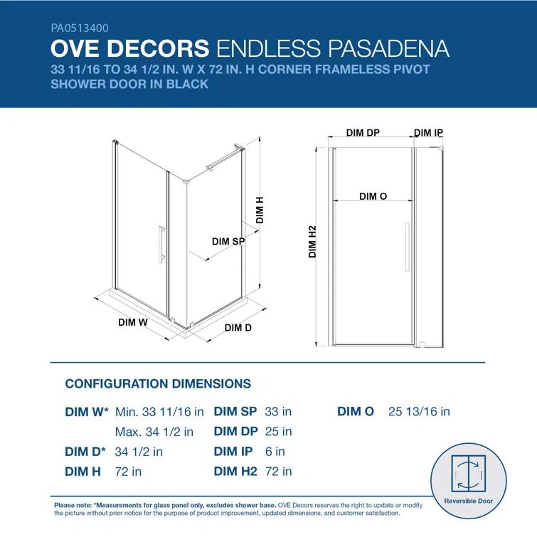 Ove Decors Endless Pasadena 34" W x 72" H Corner Frameless Shower Kit, Door, Panel PA0513300