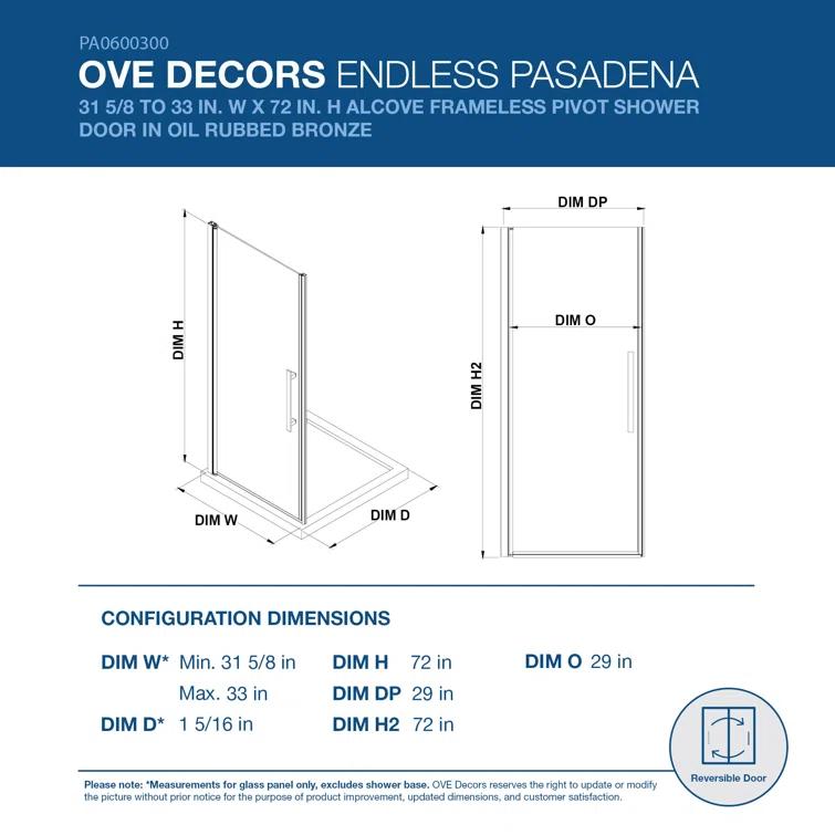 Endless Pasadena 32" W x 72" H Alcove Frameless Shower Kit