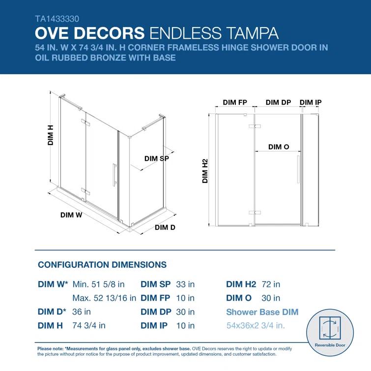 Ove Decors Endless Tampa 54" W x 72" H Corner Frameless Shower Kit, Door, Panel, Base | Wayfair