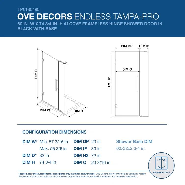 Ove Decors Endless Tampa-Pro 60" W x 72" H Alcove Frameless Shower Kit, Door, Panel, Base TP0180190