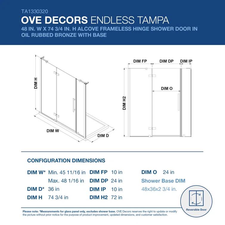 Ove Decors Endless Tampa 47" W x 72" H Alcove Frameless Shower Kit, Door, 2 Panel, Base TA1330420