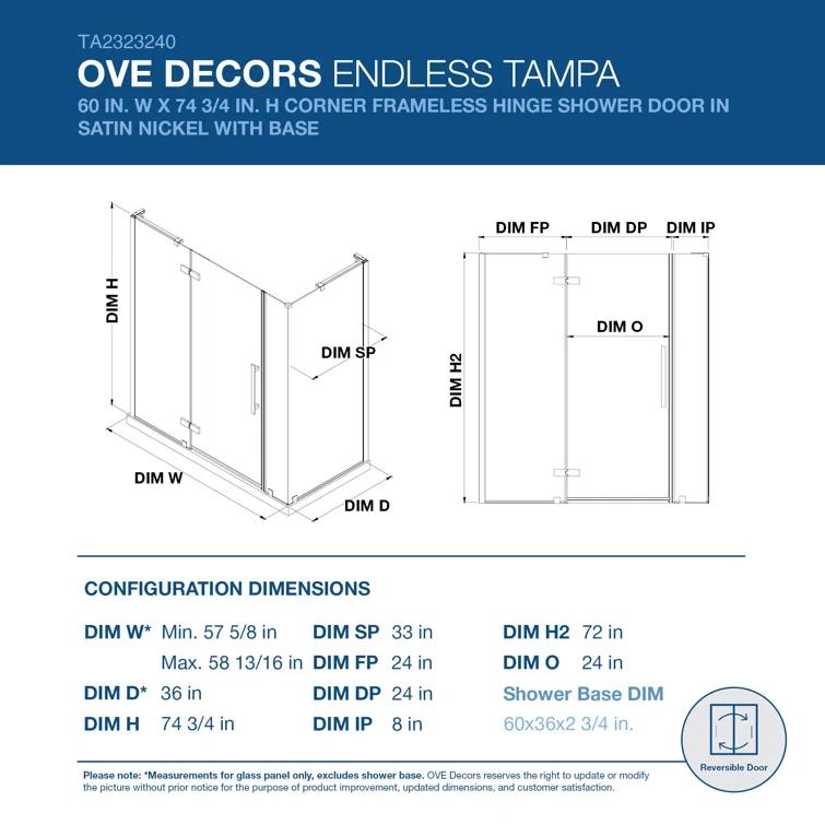 Endless Tampa 60" W x 72" H Corner Frameless Shower Kit, Door, 2 Panel, Base