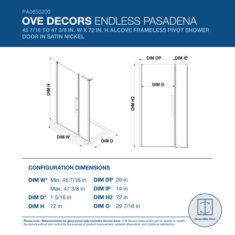 Endless Pasadena 47" W x 72" H Alcove Frameless Shower Kit, Door, Panel