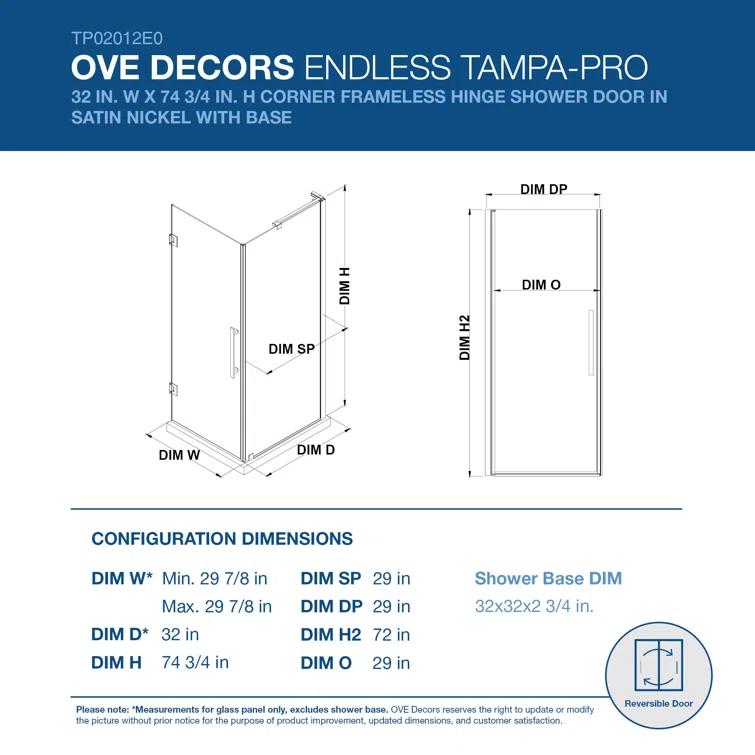 Endless Tampa-Pro 32" W x 72" H Corner Frameless Shower Kit, Door, Panel, Base