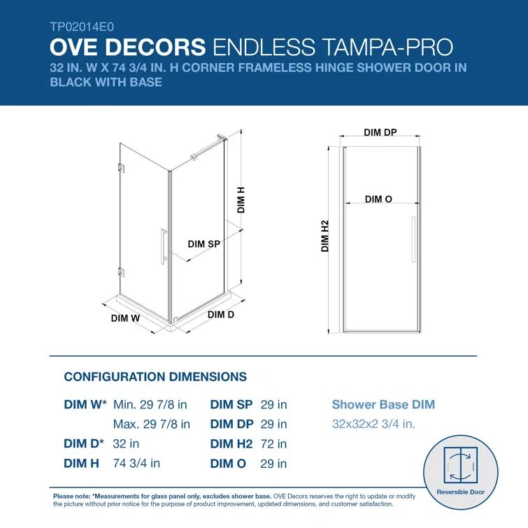 Endless Tampa-Pro 32" W x 72" H Corner Frameless Shower Kit, Door, Panel, Base