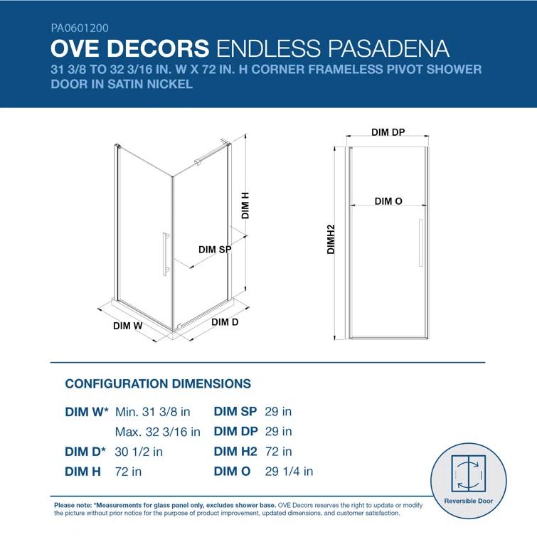 Endless Pasadena 32" W x 72" H Corner Frameless Shower Kit, Door, Panel