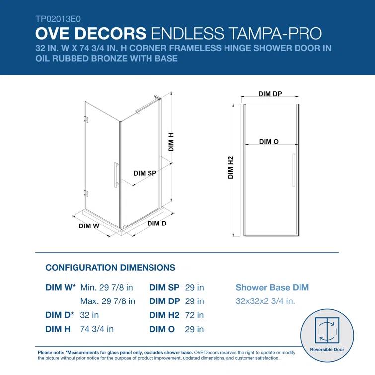 Endless Tampa-Pro 32" W x 72" H Corner Frameless Shower Kit, Door, Panel, Base