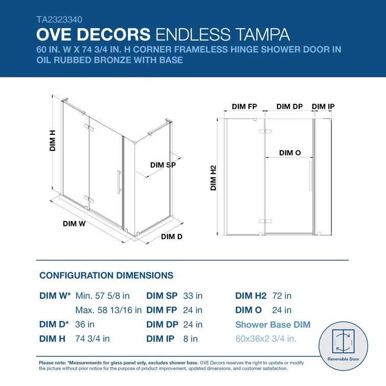 Endless Tampa 60" W x 72" H Corner Frameless Shower Kit, Door, 2 Panel, Base