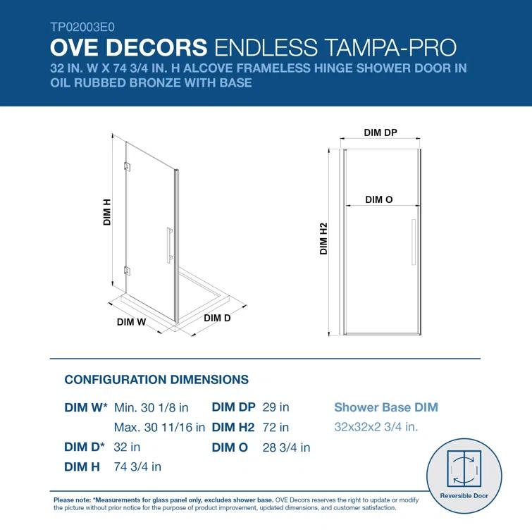 Ove Decors Endless Tampa-Pro 32" W x 72" H Alcove Frameless Shower Kit, Door, Base TP02002E0