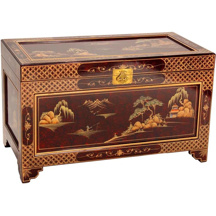 Oriental Furniture Red Lacquer Trunk - Landscape