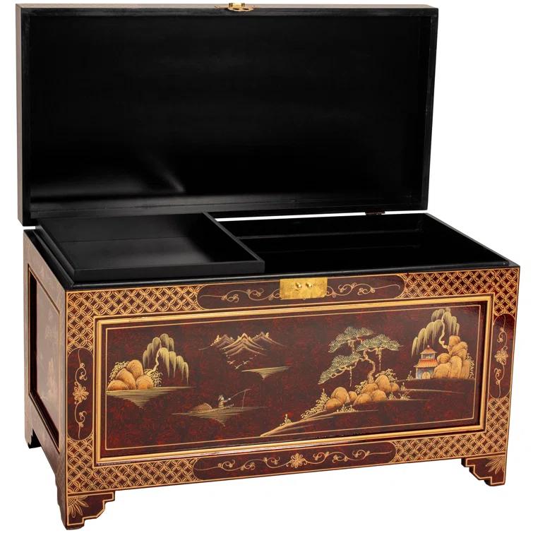 Oriental Furniture Red Lacquer Trunk - Landscape