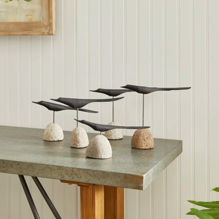 Black Palilo Wood and Iron Bird Sculpture Set