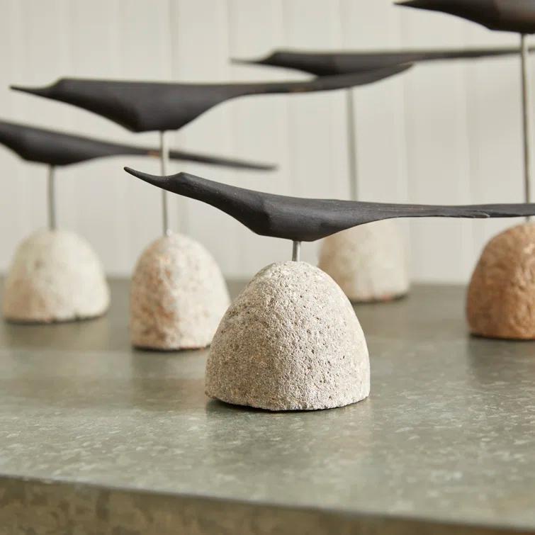 Black Palilo Wood and Iron Bird Sculpture Set