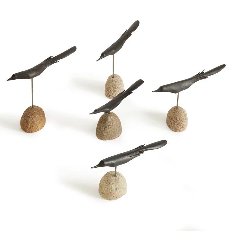 Black Palilo Wood and Iron Bird Sculpture Set