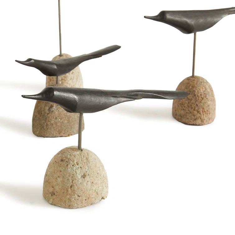 Black Palilo Wood and Iron Bird Sculpture Set