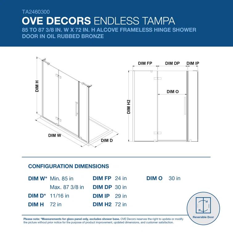 Endless Tampa 87" W x 72" H Alcove Frameless Shower Kit, Door, 2 Panel