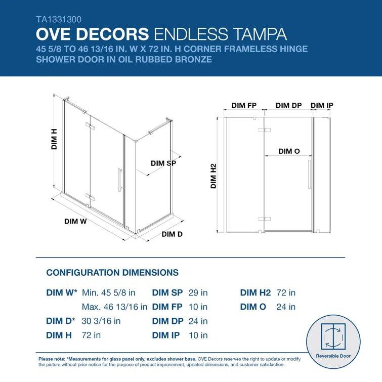 Endless Tampa 46" W x 72" H Corner Frameless Shower Kit, Door, 2 Panel