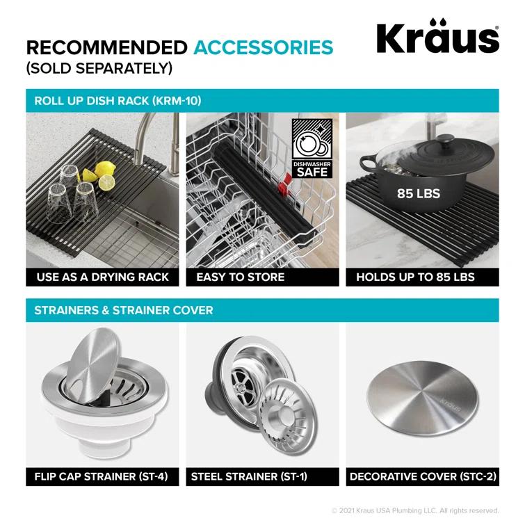 Kraus KA1AS25B Dex™️ Series KRAUS 25" L Undermount 16 Gauge Stainless Steel Single Bowl ADA Kitchen Sink