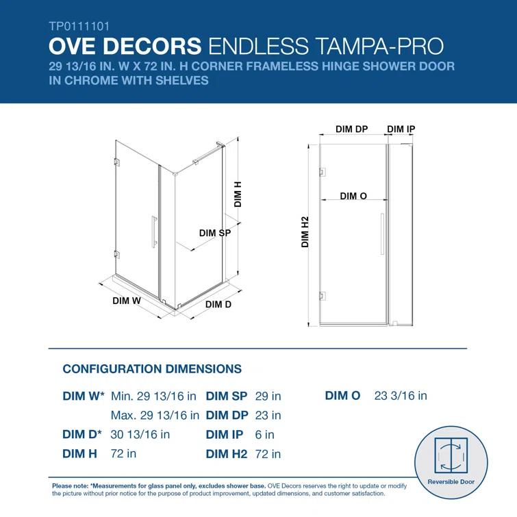 Ove Decors Endless Tampa-Pro 29" W x 72" H Corner Frameless Shower Kit, Door, Panel, Shelves TP0111101