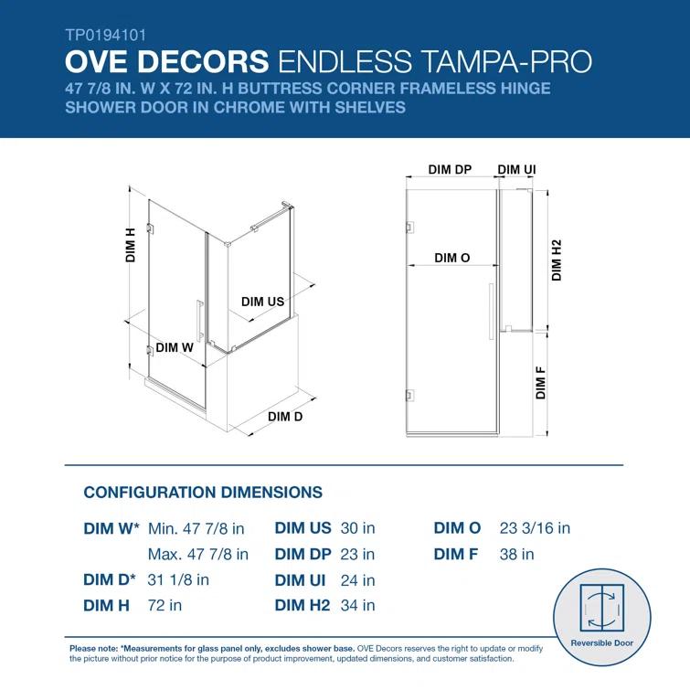 Ove Decors Endless Tampa-Pro 47" W x 72" H Buttress Corner Shower Kit, Door, Panel, Shelves TP0194201