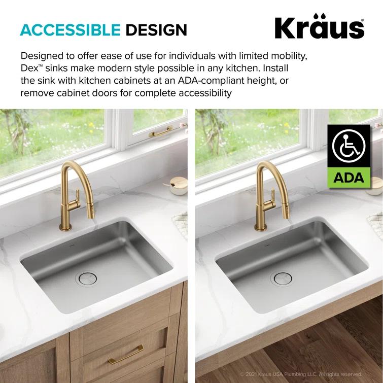 Kraus KA1AS25B Dex™️ Series KRAUS 25" L Undermount 16 Gauge Stainless Steel Single Bowl ADA Kitchen Sink