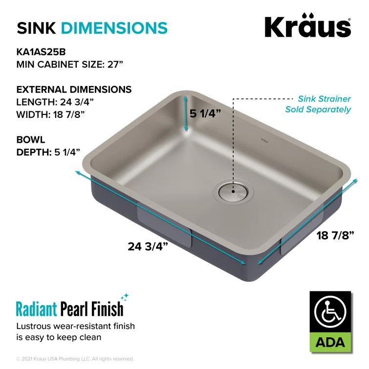 Kraus KA1AS25B Dex™️ Series KRAUS 25" L Undermount 16 Gauge Stainless Steel Single Bowl ADA Kitchen Sink