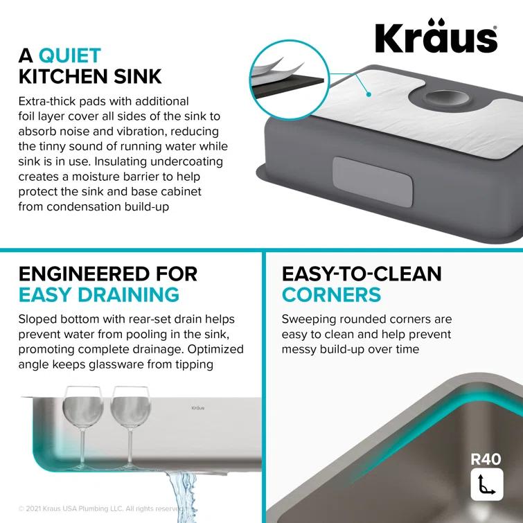 Kraus KA1AS25B Dex™️ Series KRAUS 25" L Undermount 16 Gauge Stainless Steel Single Bowl ADA Kitchen Sink