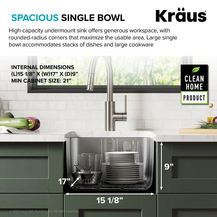 Dex™️ Series KRAUS 17" L Undermount 16 Gauge Stainless Steel Single Bowl Kitchen Sink