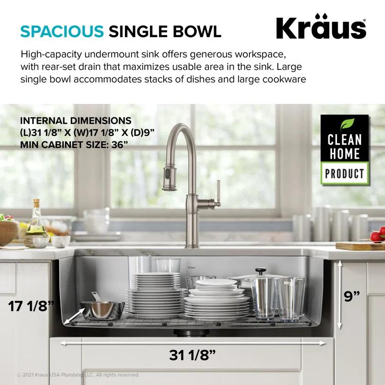 Kraus KD1US33B Dex™️ Series KRAUS 33" L Undermount 16 Gauge Stainless Steel Single Bowl Kitchen Sink