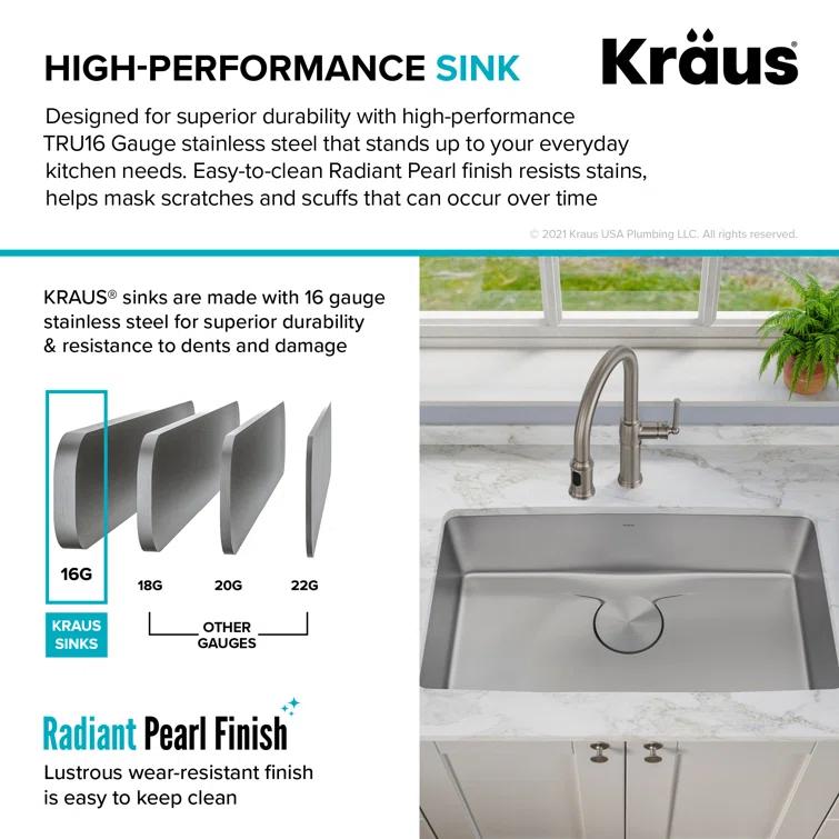 Kraus KD1US33B Dex™️ Series KRAUS 33" L Undermount 16 Gauge Stainless Steel Single Bowl Kitchen Sink