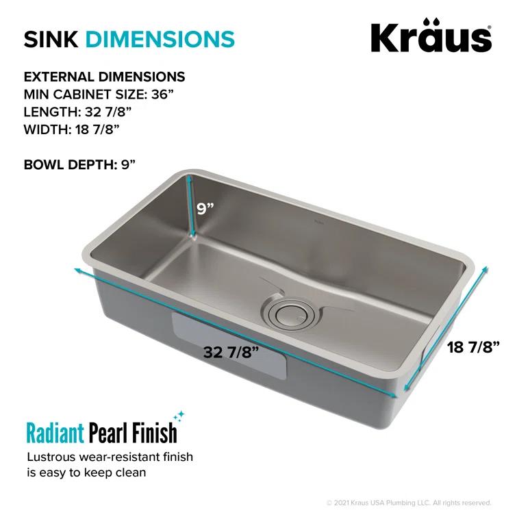 Kraus KD1US33B Dex™️ Series KRAUS 33" L Undermount 16 Gauge Stainless Steel Single Bowl Kitchen Sink