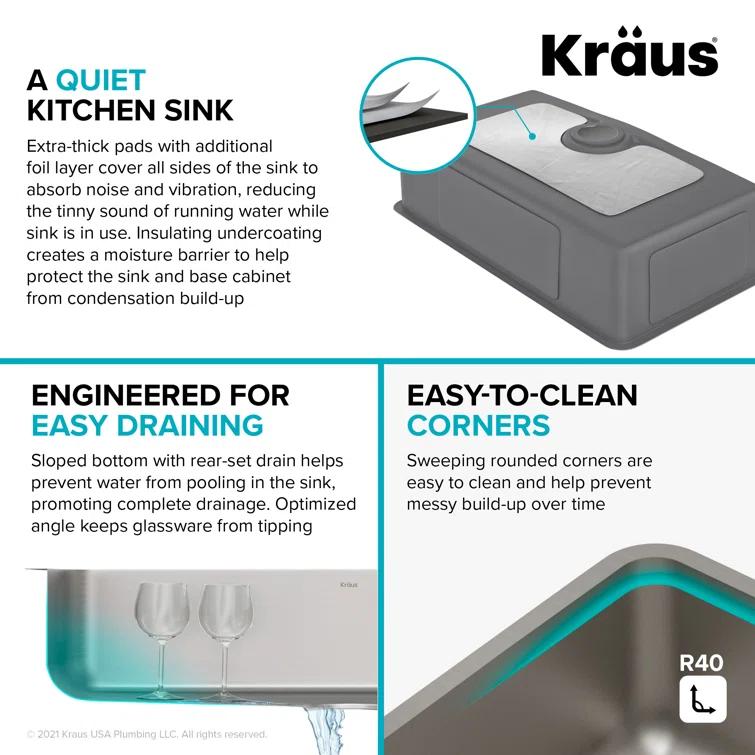 Kraus KD1US33B Dex™️ Series KRAUS 33" L Undermount 16 Gauge Stainless Steel Single Bowl Kitchen Sink