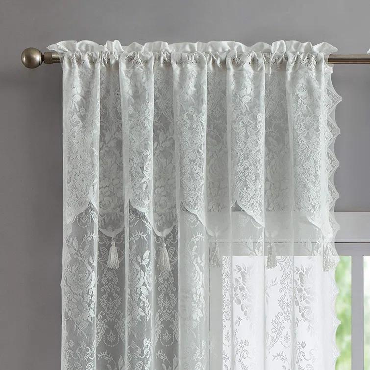Rosdorf Park Rosdorf Park Pair Of 2 Sheer Lace Curtain Panels with Attached Matching Valance With 6 Tassels. (Set of 2)
