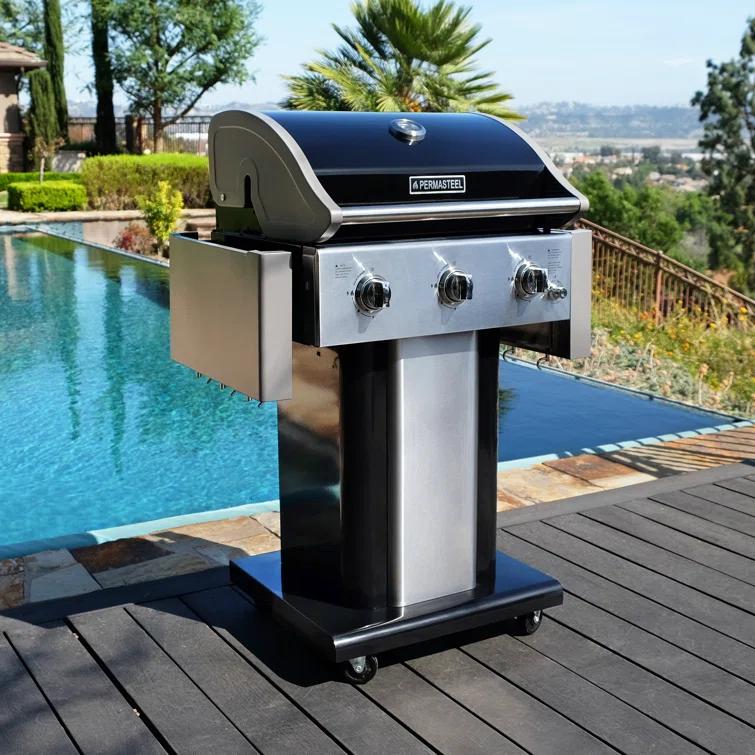 Permasteel 3-Burner Compact Propane Gas Grill with Foldable Side Tables and Grilling Tool Hooks