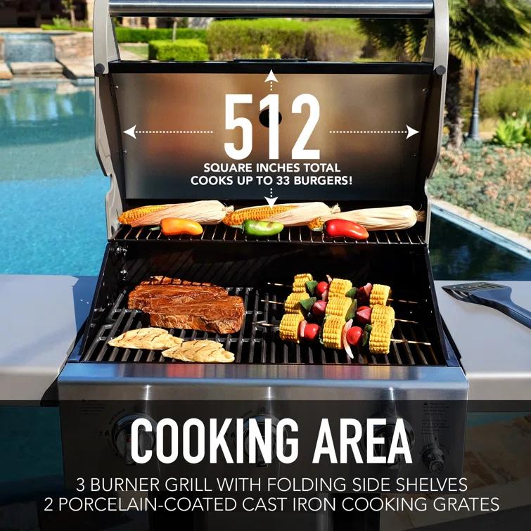 Permasteel 3-Burner Compact Propane Gas Grill with Foldable Side Tables and Grilling Tool Hooks