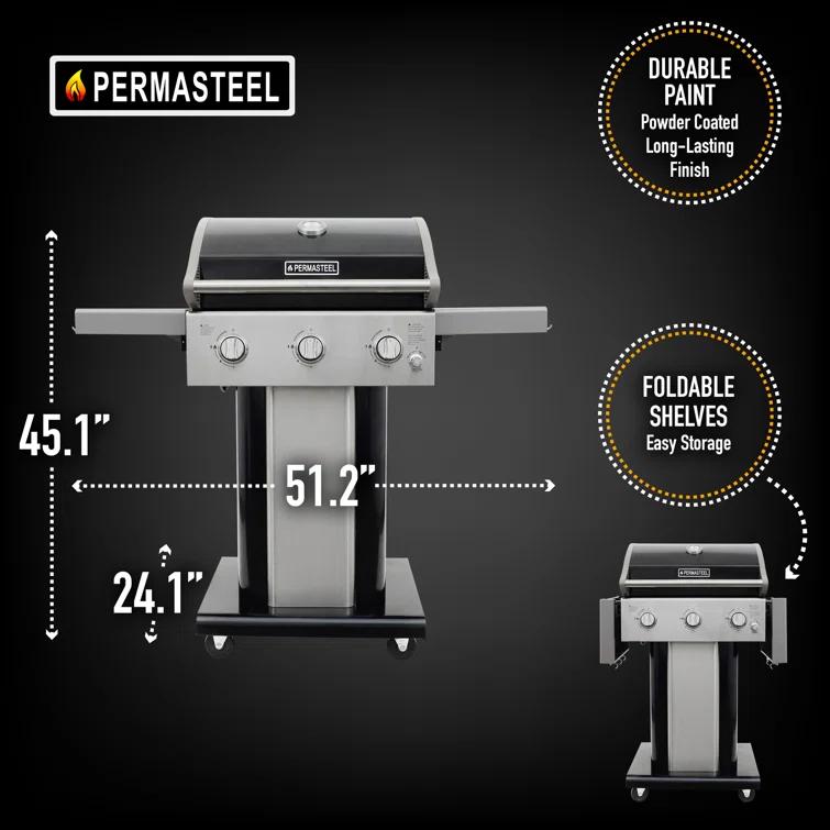 Permasteel 3-Burner Compact Propane Gas Grill with Foldable Side Tables and Grilling Tool Hooks