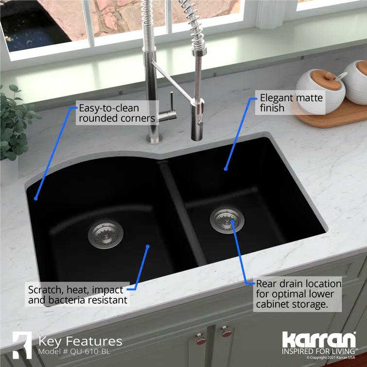 Karran Undermount Quartz Composite 32'' X 21'' 60/40 Double Bowl Kitchen Sink