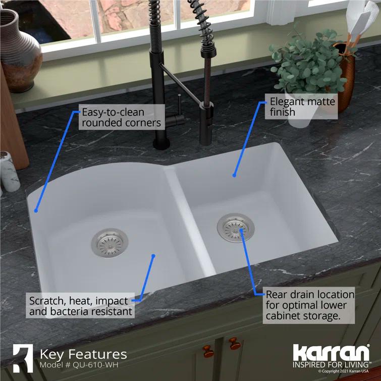 Karran Undermount Quartz Composite 32'' X 21'' 60/40 Double Bowl Kitchen Sink