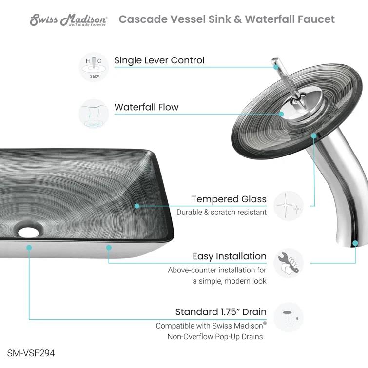 Cascade Rectangular Glass Vessel Sink with Faucet
