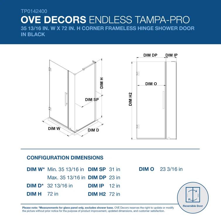 Ove Decors Endless Tampa-Pro 35" W x 72" H Corner Frameless Shower Kit, Door, Panel TP0142300