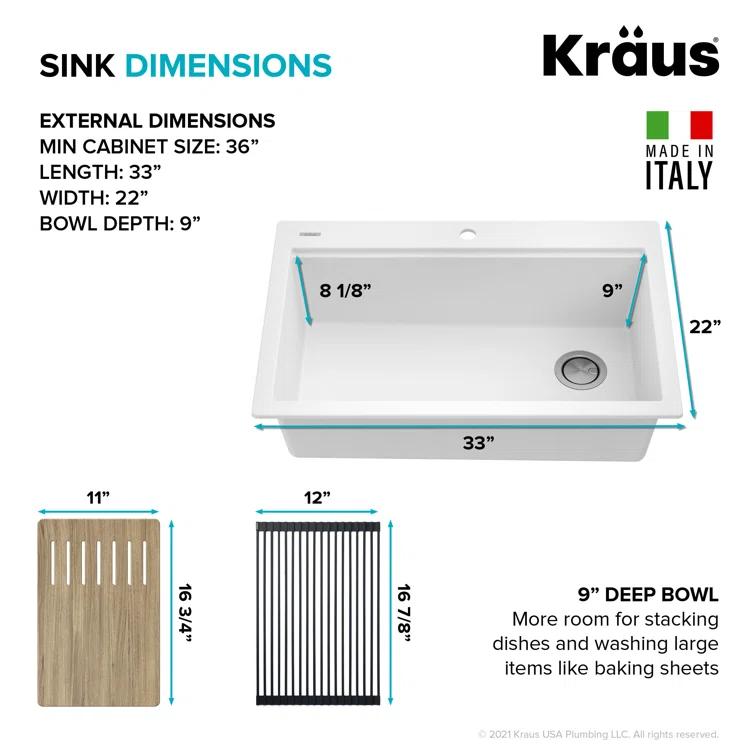 33 in. KRAUS Bellucci Workstation Drop-In Granite Composite Single Bowl Kitchen Sink with Accessories