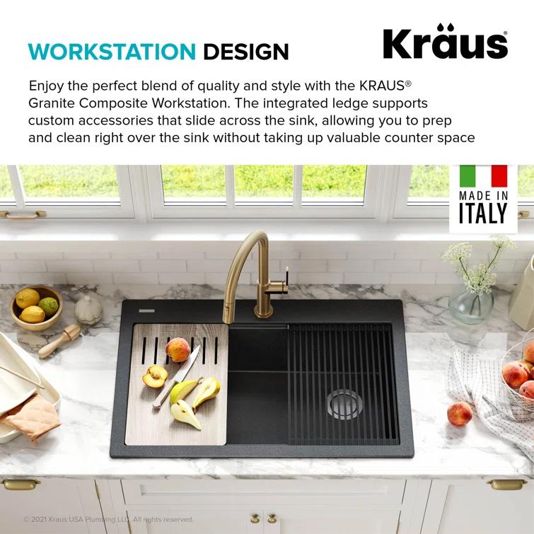 33 in. KRAUS Bellucci Workstation Drop-In Granite Composite Single Bowl Kitchen Sink with Accessories