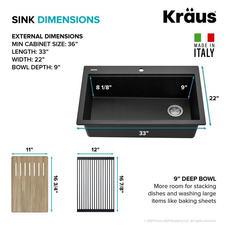 33 in. KRAUS Bellucci Workstation Drop-In Granite Composite Single Bowl Kitchen Sink with Accessories